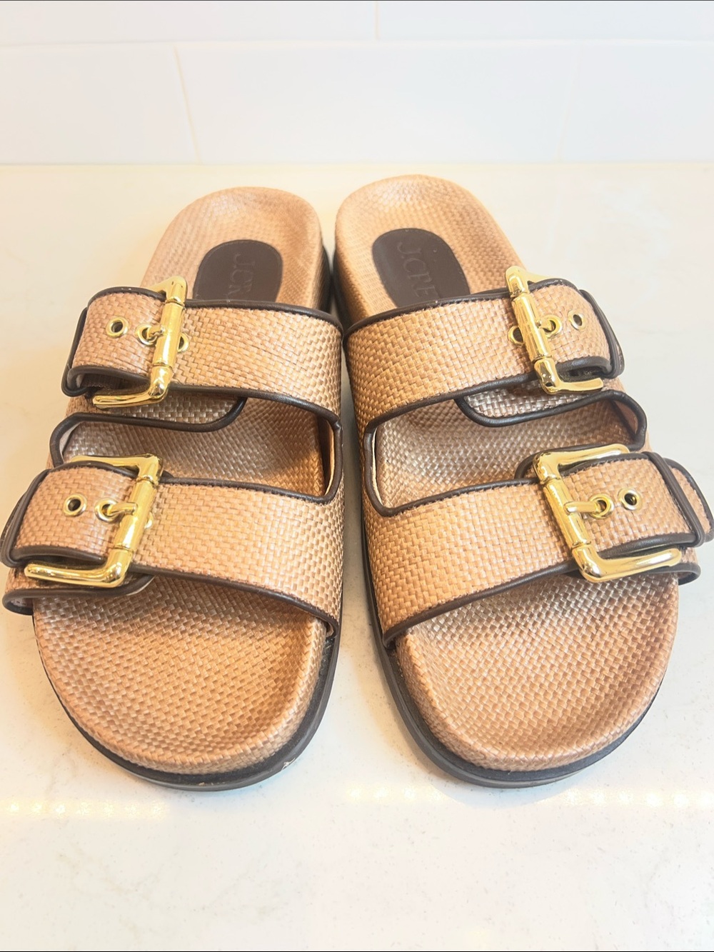 J. Crew Tan Woven Double-Strap Slide Sandals with Gold Buckles
